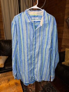 Tommy Bahama Blue, Green & White Striped Linen-Blend Camp Shirt
